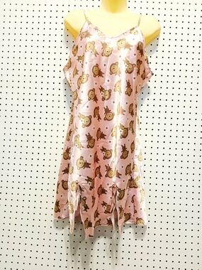 Girls' Pink Satin Monkey-Print Slip Nightgown with Spaghetti Straps